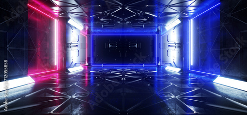 Sci Fi Dark Futuristic Sci Fi Metal Mesh Panels Alien Spaceship Neon Blue Purple Lasers Studio Showroom Garage Background Hangar Room Corridor Cyber Studio Lights 3D Rendering © IM_VISUALS