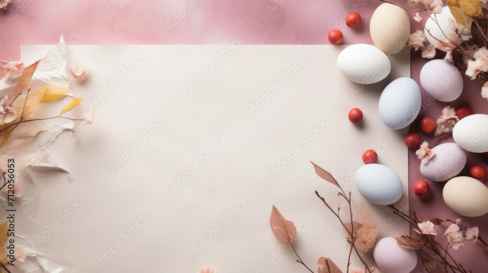 Artistic Easter eggs scattered alongside delicate pink blossoms on a dual-toned pastel background, perfect for the holiday season.