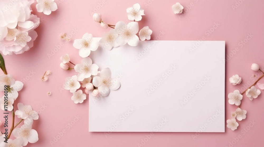 A gentle spring card mockup surrounded by white cherry blossoms and pastel pink eggs on a soft pink surface.