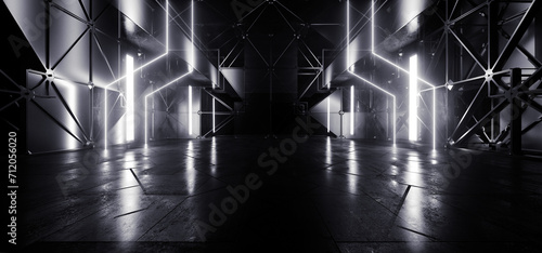 Fototapeta Naklejka Na Ścianę i Meble -  Sci Fi Futuristic Sci Fi Metal Panels Alien Spaceship Underground Garage Hangar Room Corridor Cyber White Neon Laser Lights 3D Rendering