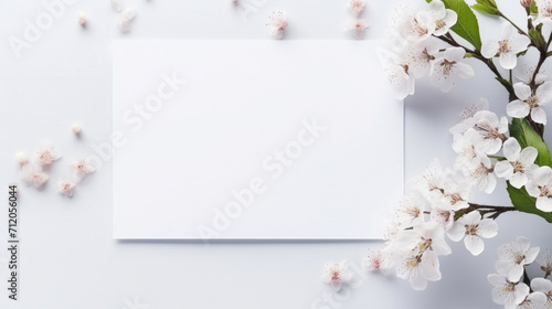 A fresh spring theme featuring a blank card surrounded by white cherry blossoms on a clean, white background.