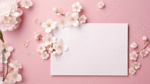 A gentle spring card mockup surrounded by white cherry blossoms and pastel pink eggs on a soft pink surface.