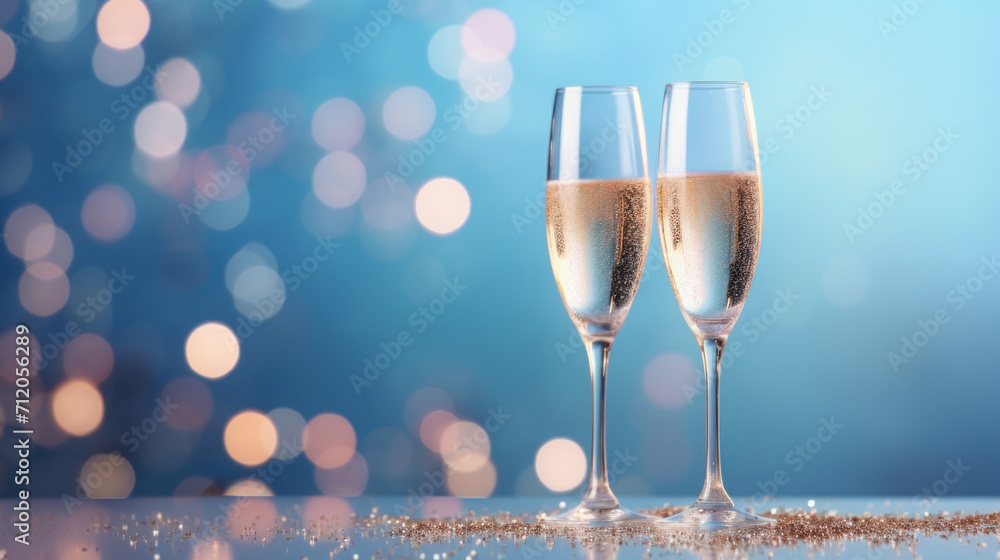 Two elegant champagne flutes with sparkling wine on a blue bokeh background with glittering table. Two elegant champagne flutes with sparkling wine on a blue bokeh background with glittering table.