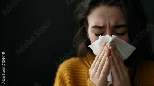 Young woman with cold and flu sneezing into tissue, closeup