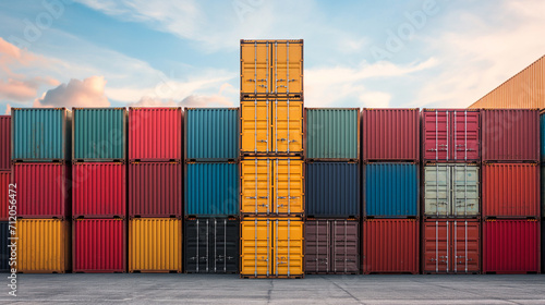 Stack of Containers Cargo Ship Import/Export in Harbor Port, Cargo Freight Shipping of Container Logistics Industry. Nautical Transport Distribution Yard, Business Commercial Dock and Transportation, 