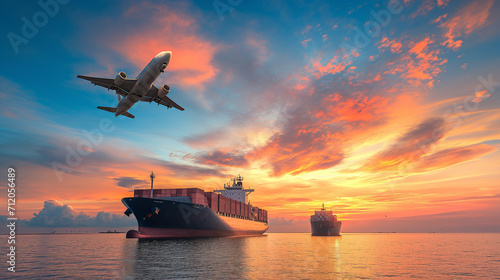 Airplane flying through Container ship sail on the sea photo