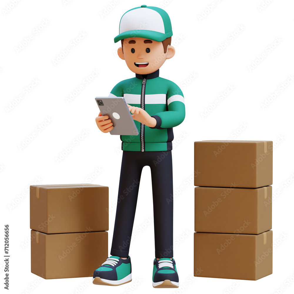 3D Delivery Man Character working on Tablet with Parcel Box 3D Delivery Man Character working on Tablet with Parcel Box