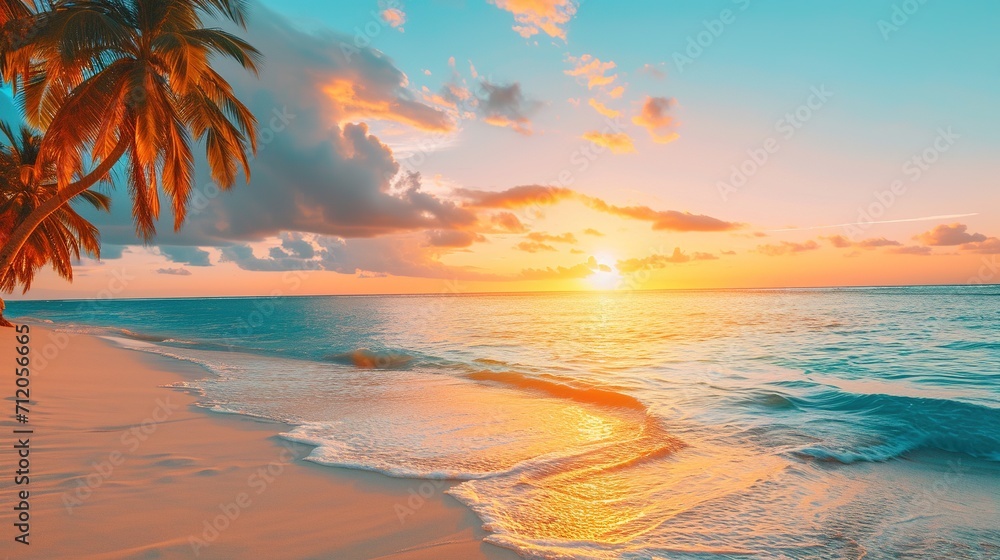 Colorful sunset over a beach with palm trees.
