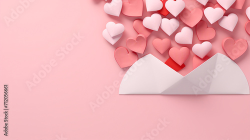 Romantic Valentine's Love Letter: Envelope Overflowing with Paper Craft Hearts on Pink Background - Creative Flat Lay Concept with Copy Space for Text or Promotional Content