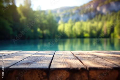 The empty wooden table top with blur background of Plitvice lakes. Exuberant image. generative ai © Summit Art Creations