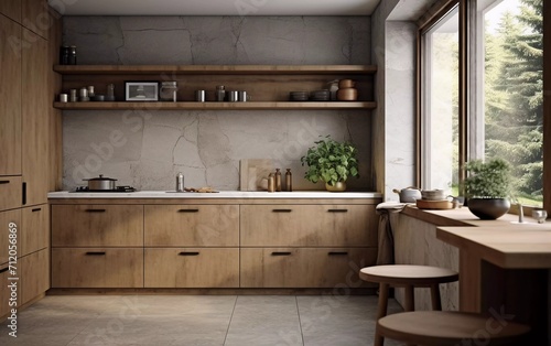 Modern kitchen with wooden cupboards and stone countertop under the window. generative ai