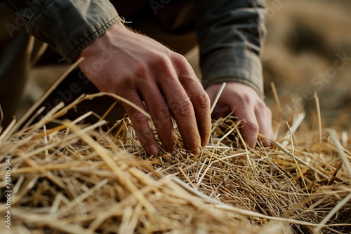 A man is looking for a needle in a haystack. photo