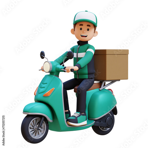 3D Delivery Man Character Deivering Package with a Scooter