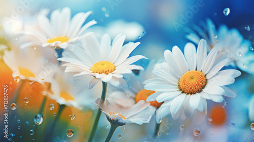 Vibrant daisies with refreshing water droplets on a glass surface, reflecting a beautiful blue sky backdrop.