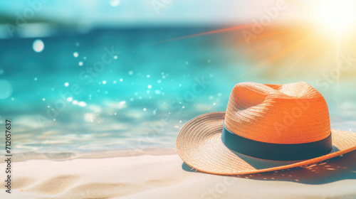 A straw hat resting on a sandy beach, with the sun glistening over a serene and sparkling blue ocean.