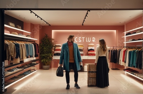 Customers Shopping in Modern Clothing Store, Retail Sales Associate Assists Client from Generative AI © Arceli