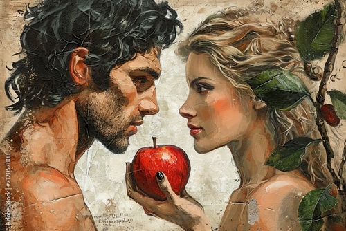 Adam and Eve with an apple. The concept embodies temptation and choice.