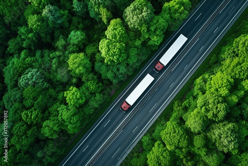 Top view of truck driving on highway road in green forest.