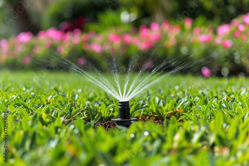 An automatic sprinkler waters the lawn in a garden. 