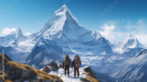 Two hikers standing before stunning snowy mountain peaks under a clear blue sky, embodying adventure and exploration. © tashechka