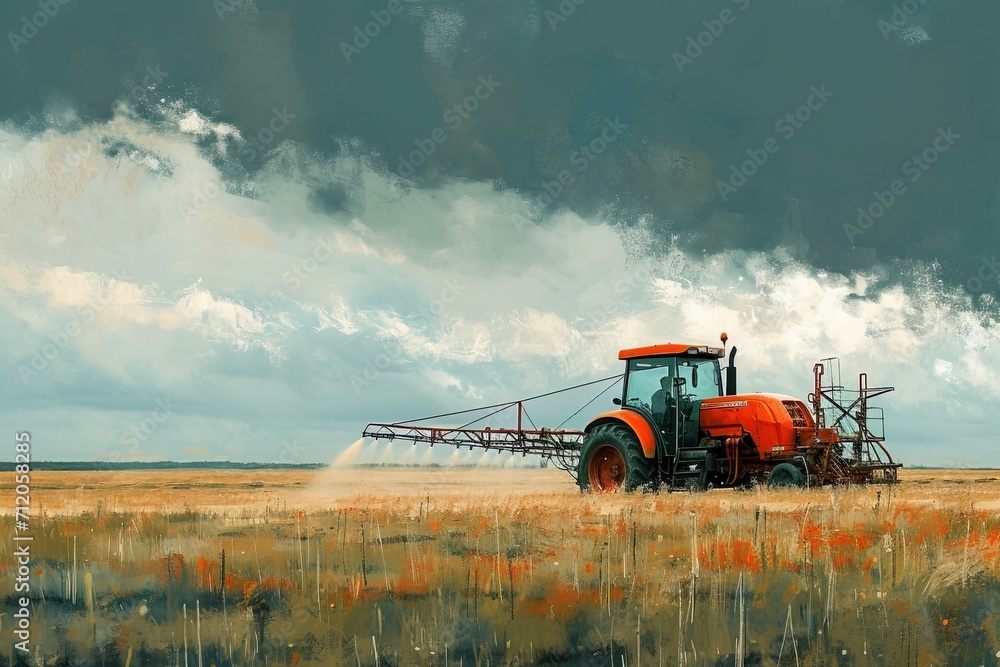 Fototapeta premium Tractor spraying pesticides fertilizer on a field.
