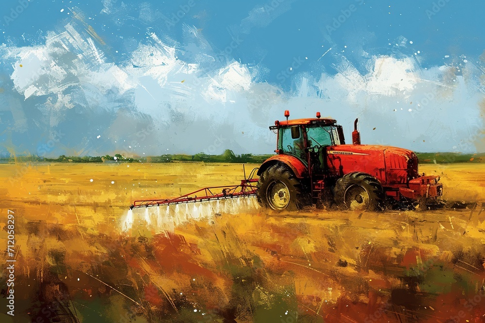 Fototapeta premium Tractor spraying pesticides fertilizer on a field.