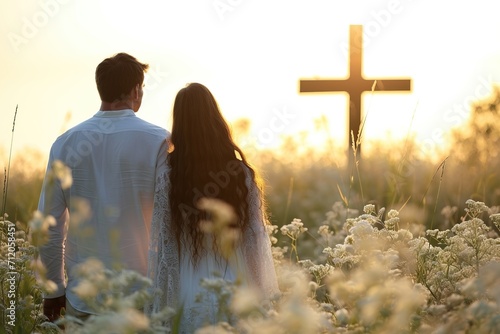 Back of couple in white clothes getting married on the cross of Jesus.