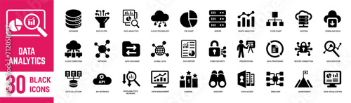 Data Analytics solid icons set. Data, analytics, database, technology, server, management, statistics, security, hosting and report. Vector Illustration.