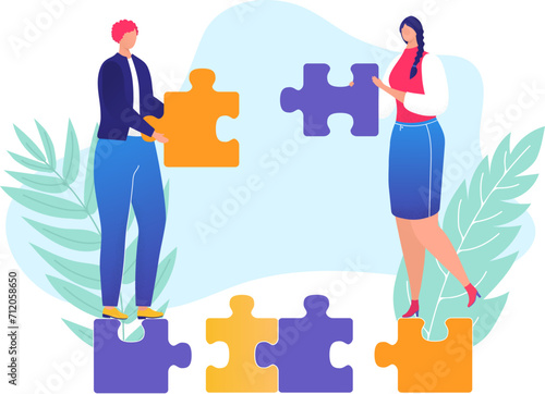 Man and woman holding puzzle pieces, teamwork in solving problems. Collaboration and partnership in business concept vector illustration.