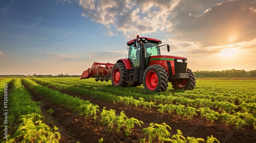 Fototapeta premium Big tractor on a soybean field in spring.