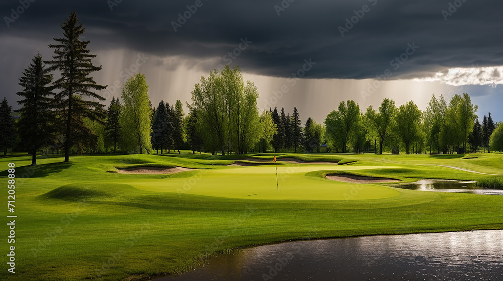 a rain delay on a green golf course on a stormy cloud - obrazy, fototapety, plakaty 