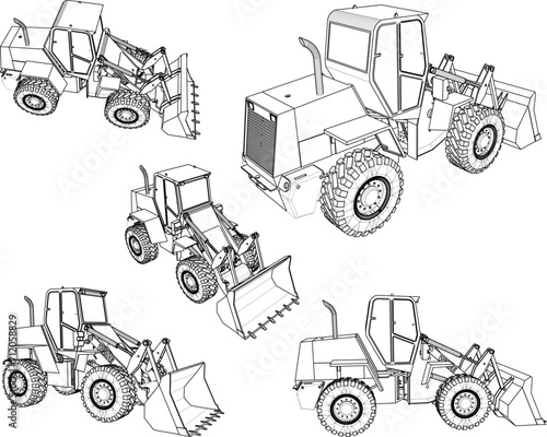 Vector sketch illustration of the design of a heavy bulldozer car for leveling the land 