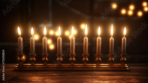 A traditional golden menorah with lit candles, providing a warm, inviting atmosphere enhanced by soft bokeh lighting. photo