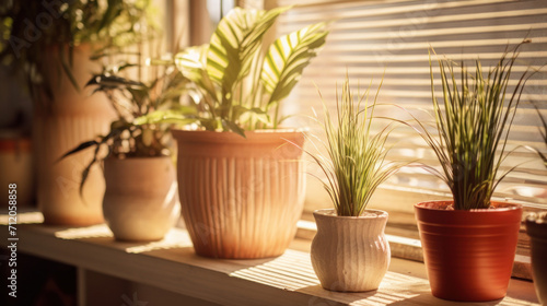 A collection of indoor houseplants basks in the warm sunlight filtering through blinds  creating a serene domestic environment.