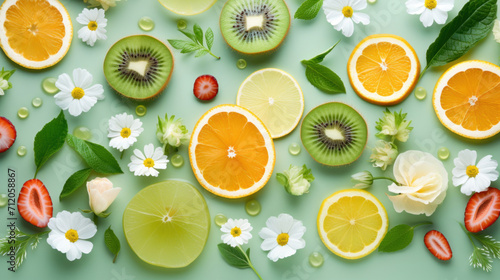 Vibrant citrus fruits and delicate flowers artfully arranged on a pastel green background, exuding freshness and natural beauty. photo