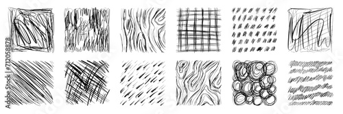Set of hand drawn pencil crosshatch shapes. Doodle and sketch style. Black squiggle grunge texture. Vector illustration.	