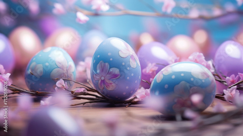 Artistically decorated Easter eggs nestled among cherry blossoms on a wooden surface with a dreamy blue backdrop.