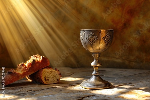 Bread with chalice of wine. Christian communion concept for reminder of Jesus sacrifice.