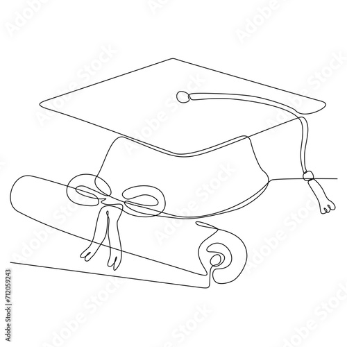 Single continuous line art graduation cap. Celebration ceremony master degree academy graduate design one sketch outline drawing vector illustration art