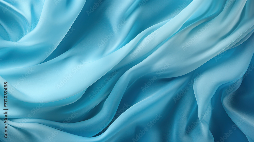 Close-up of elegant blue satin fabric with luxurious texture and smooth waves, suggestive of opulence and depth.