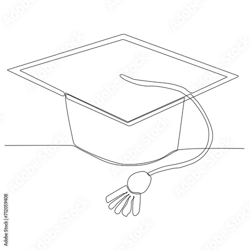 Single continuous line art graduation cap. Celebration ceremony master degree academy graduate design one sketch outline drawing vector illustration art