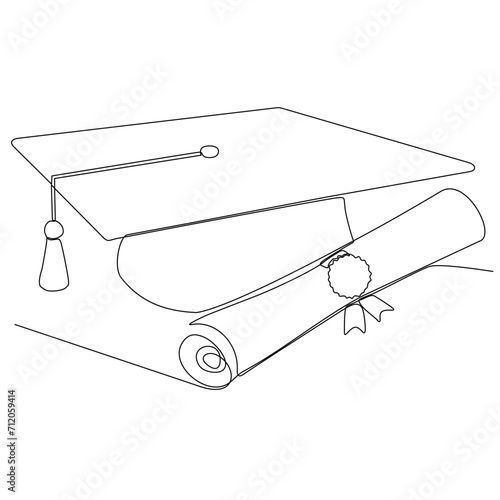Single continuous line art graduation cap. Celebration ceremony master degree academy graduate design one sketch outline drawing vector illustration art