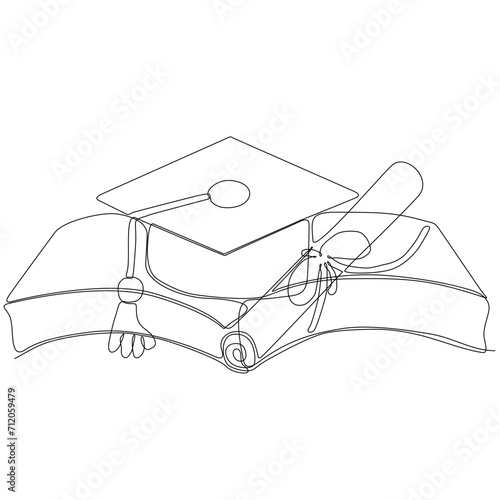 Single continuous line art graduation cap. Celebration ceremony master degree academy graduate design one sketch outline drawing vector illustration art