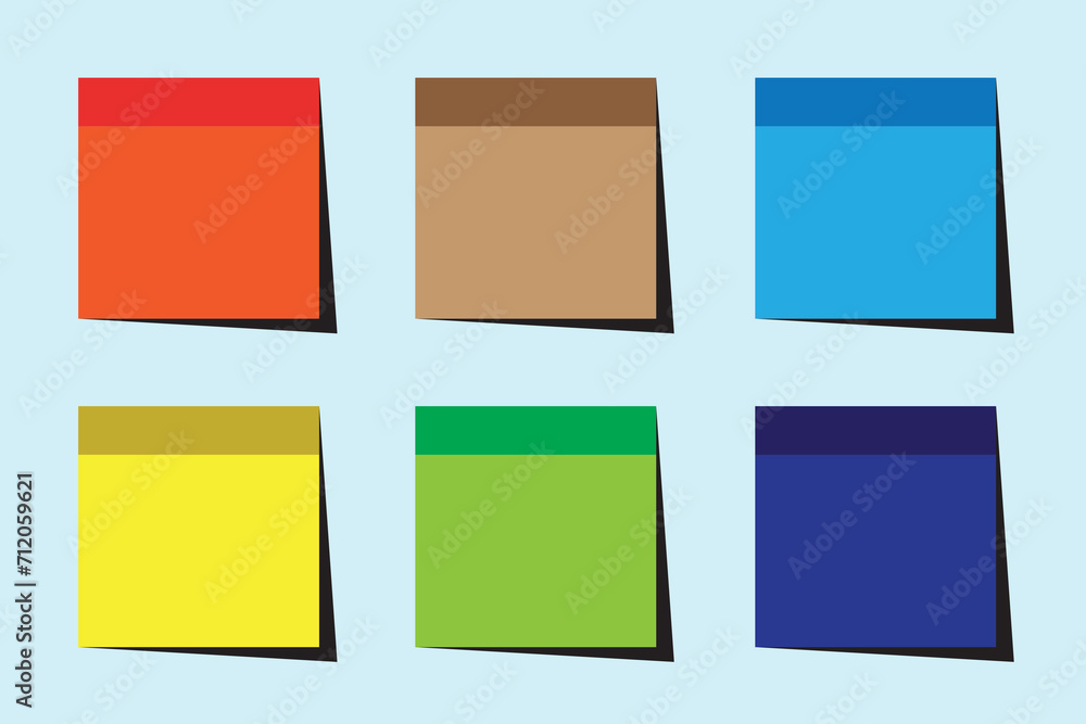 Note sticky. Multicolor post it notes. Set of six different colored sheets of note papers. Paper stickers. Vector illustration