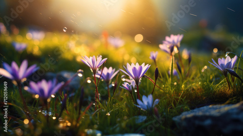 Vibrant purple flowers with glistening raindrops against a backdrop of a golden sunset glow.