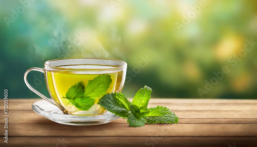 Glass cup of aromatic green tea with fresh mint on wooden table with blurred background