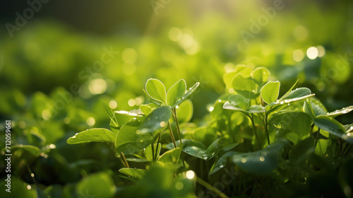 Fresh clover leaves adorned with dew drops, illuminated by the soft morning sunlight in a lush field.