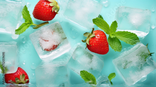 Fresh strawberries and mint leaves amidst melting ice cubes on a light blue background, suggesting cool freshness.