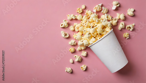Overturned paper cup with delicious popcorn on pink background with copy space