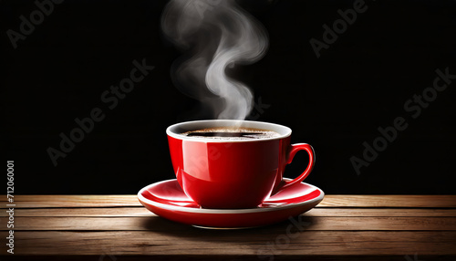 Red cup with hot steaming coffee on wooden table on black background with copy space